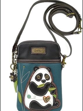 Chala Teal Panda Crossbody Phone Bag with Brown Trim